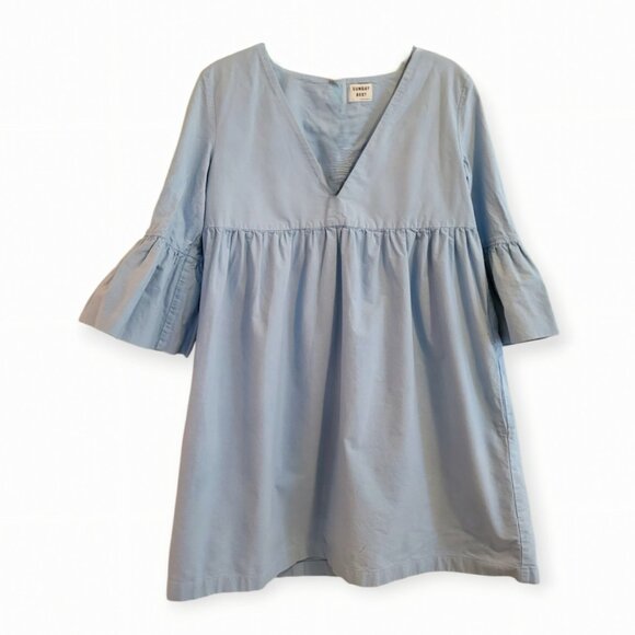 Sunday Best Babydoll Baby Blue Mini Dress Bell Sleeve Keyhole Poplin Cotton S - Picture 3 of 11